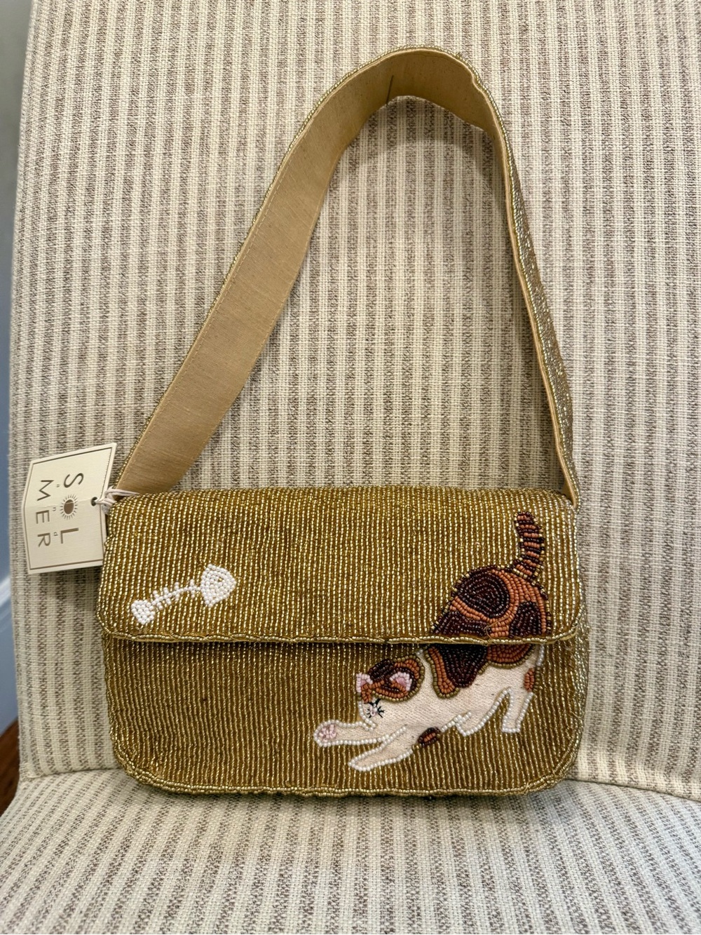 Adorable Sol Mer Beaded Gold Beaded Cat Shoulder Bag 🐱